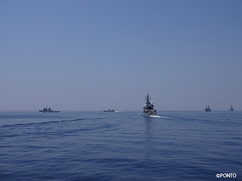 訓練に参加している艦と水平線の写真